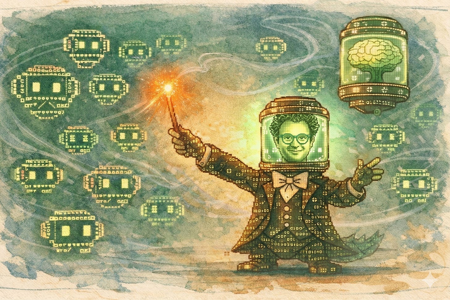 ASCII-style Buddy conductor leading a swarm of AI agents, illustrating Claude Code multi-agent orchestration.