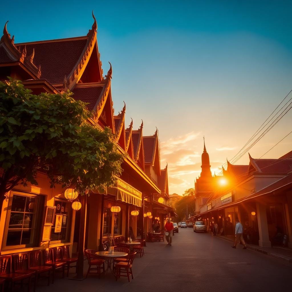 Chiang Mai old town at golden hour with Lanna temple and street cafes