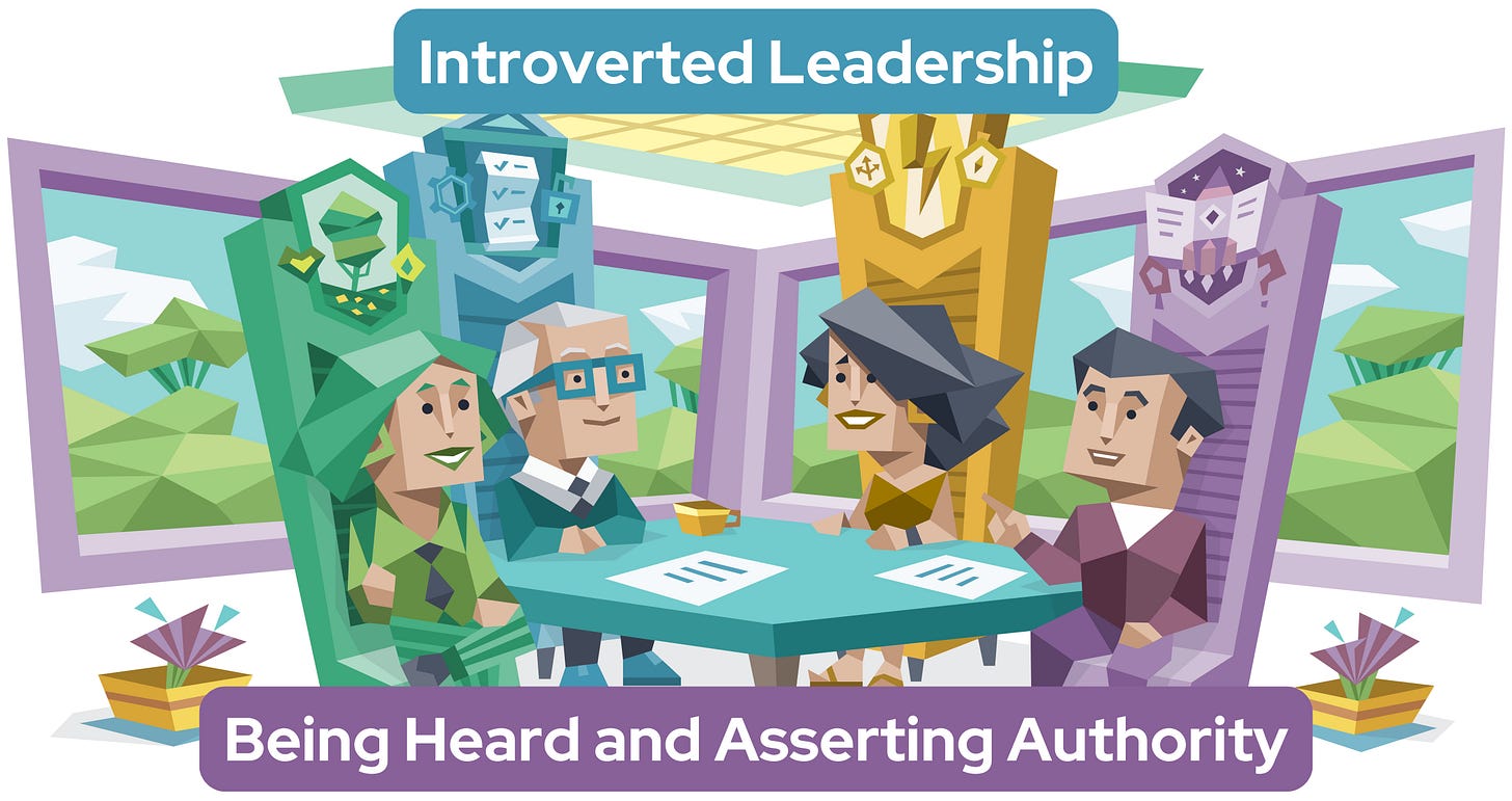 A Diplomat woman, a Sentinel man, an Explorer woman, and an Analyst man sit in high-backed chairs around a table, having a meeting. Text reads: Introverted Leadership. Being Heard and Asserting Authority”