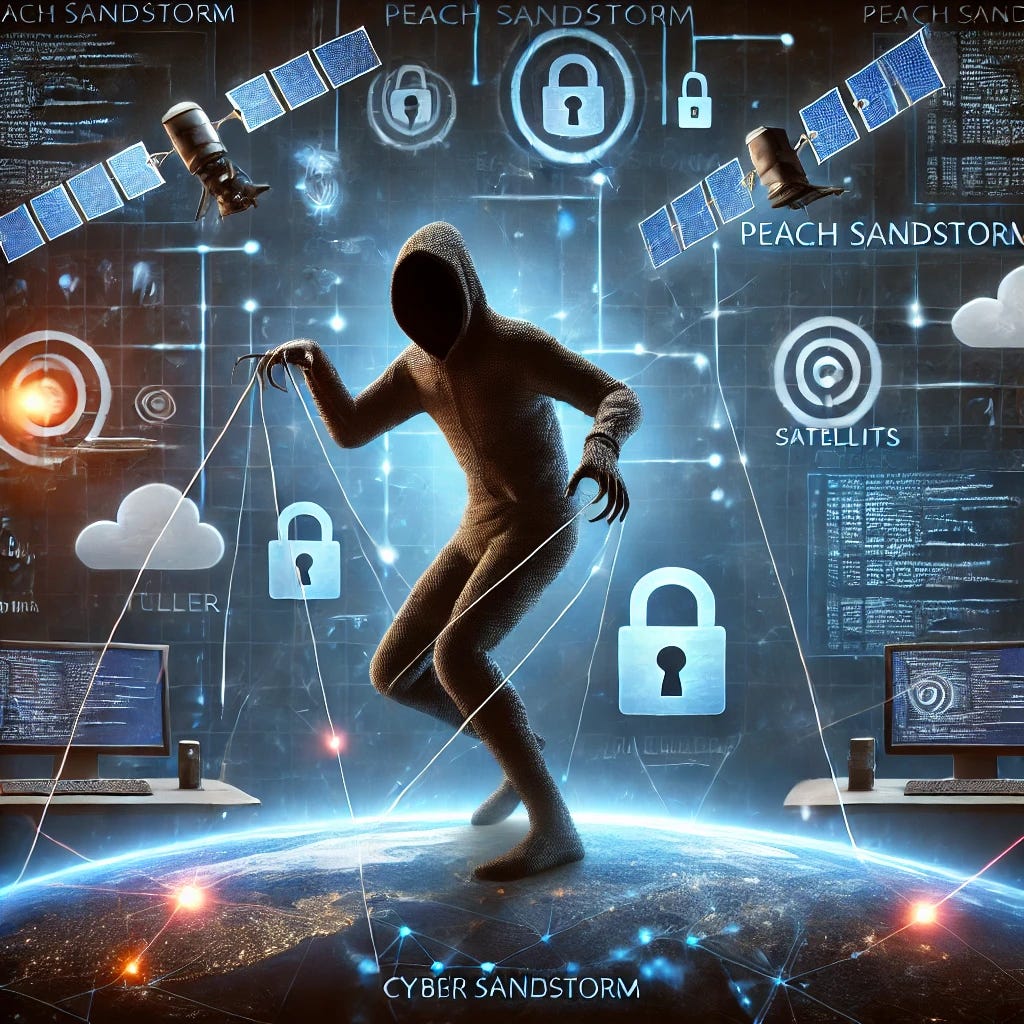 A dynamic 3D illustration showing a stealthy, dark figure representing Peach Sandstorm, controlling a digital web of cyber espionage operations. The figure holds strings connected to computers, satellites, and cloud infrastructure (representing Tickler malware). In the background, the image portrays a dimly lit, high-tech world with security icons like shields and padlocks being manipulated, indicating data breaches. There are subtle traces of code running through the scene, emphasizing the cyber element.