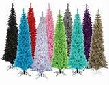 A set of variously colored Christmas trees