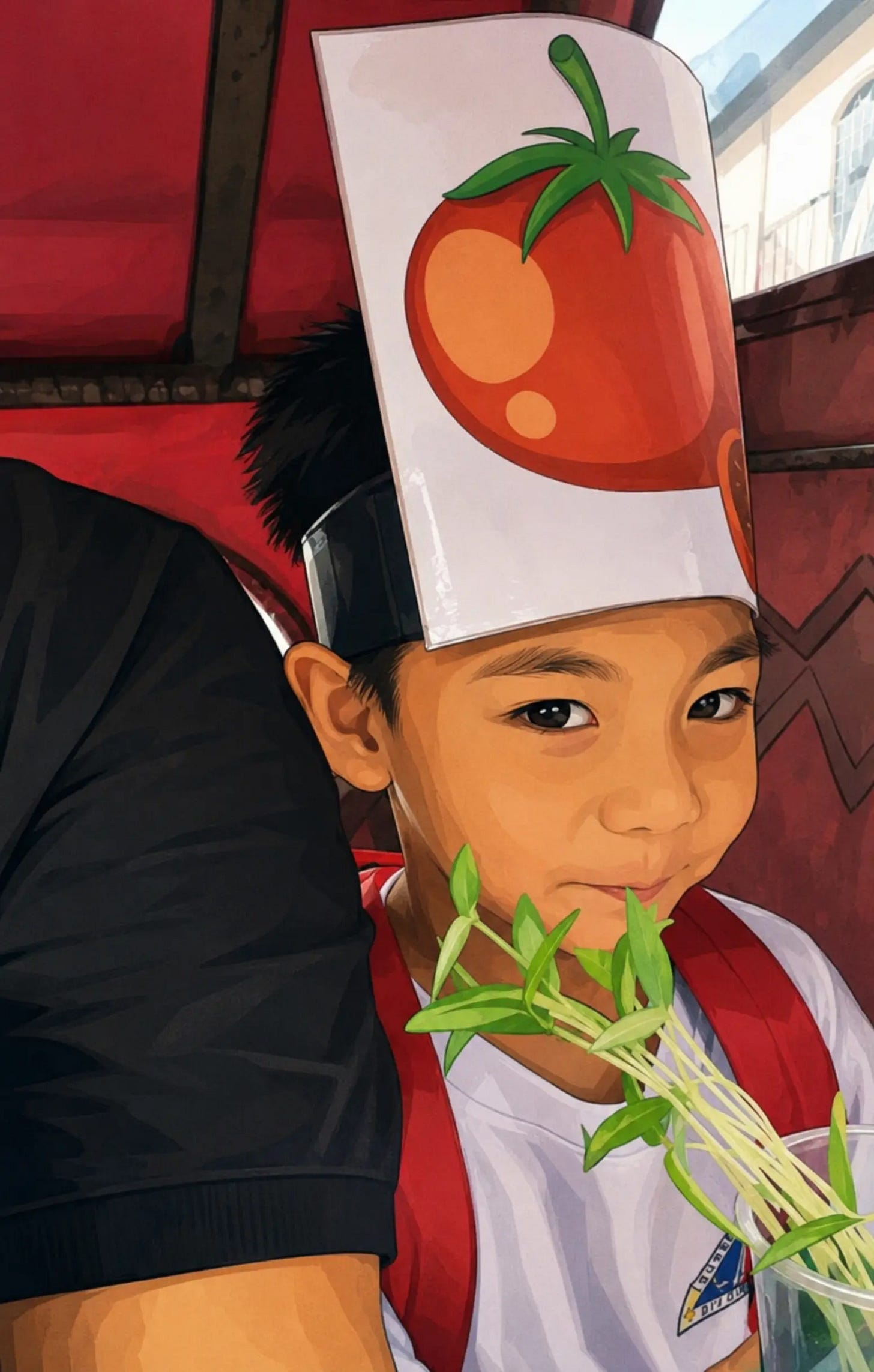 little boy riding a pedicab and holding a cup with bean sprouts 