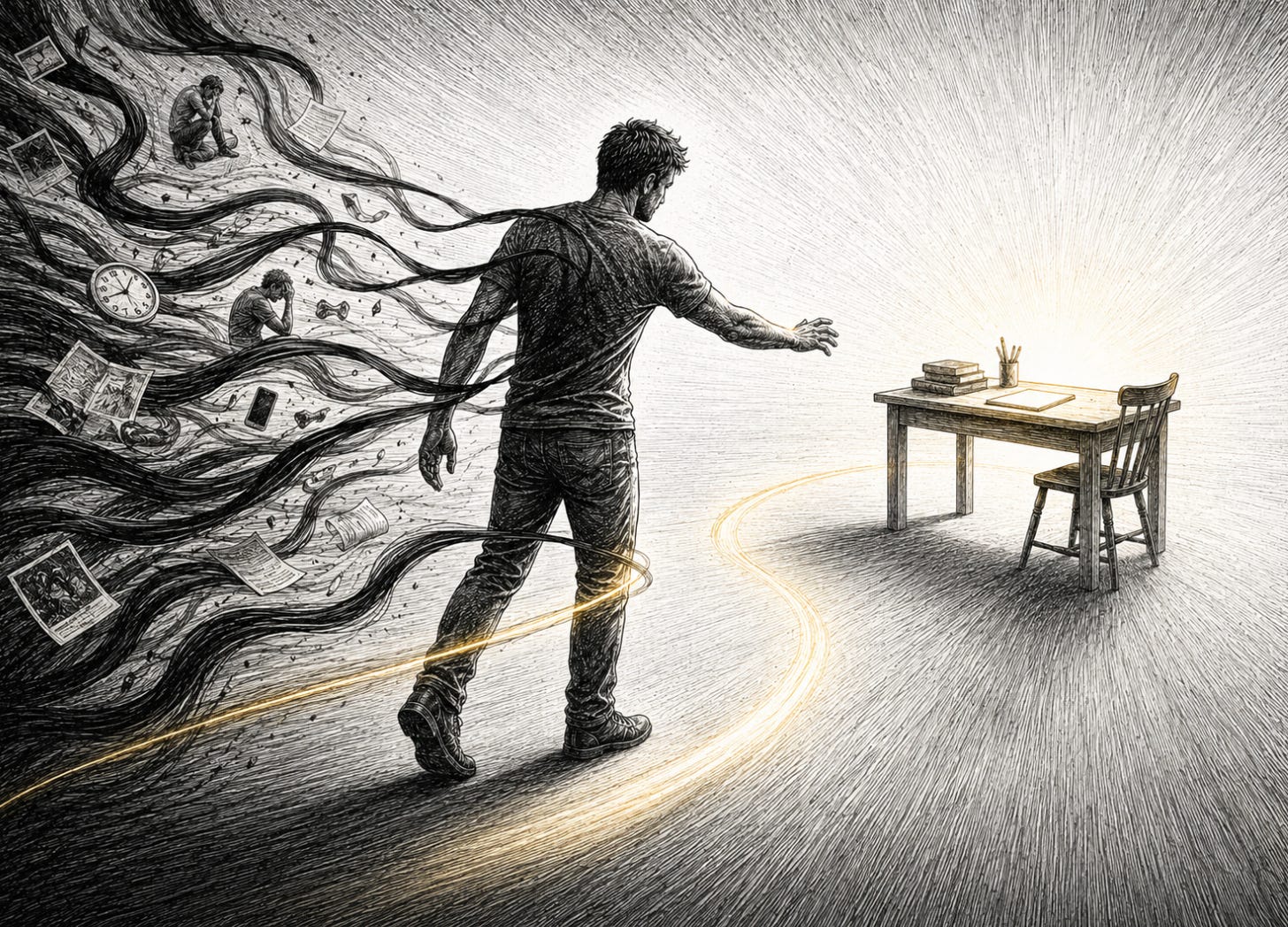 A figure turns from dark drifting ribbons toward a softly glowing work surface, following one clean golden arc. A figure turns from dark drifting ribbons toward a softly glowing work surface, following one clean golden arc.