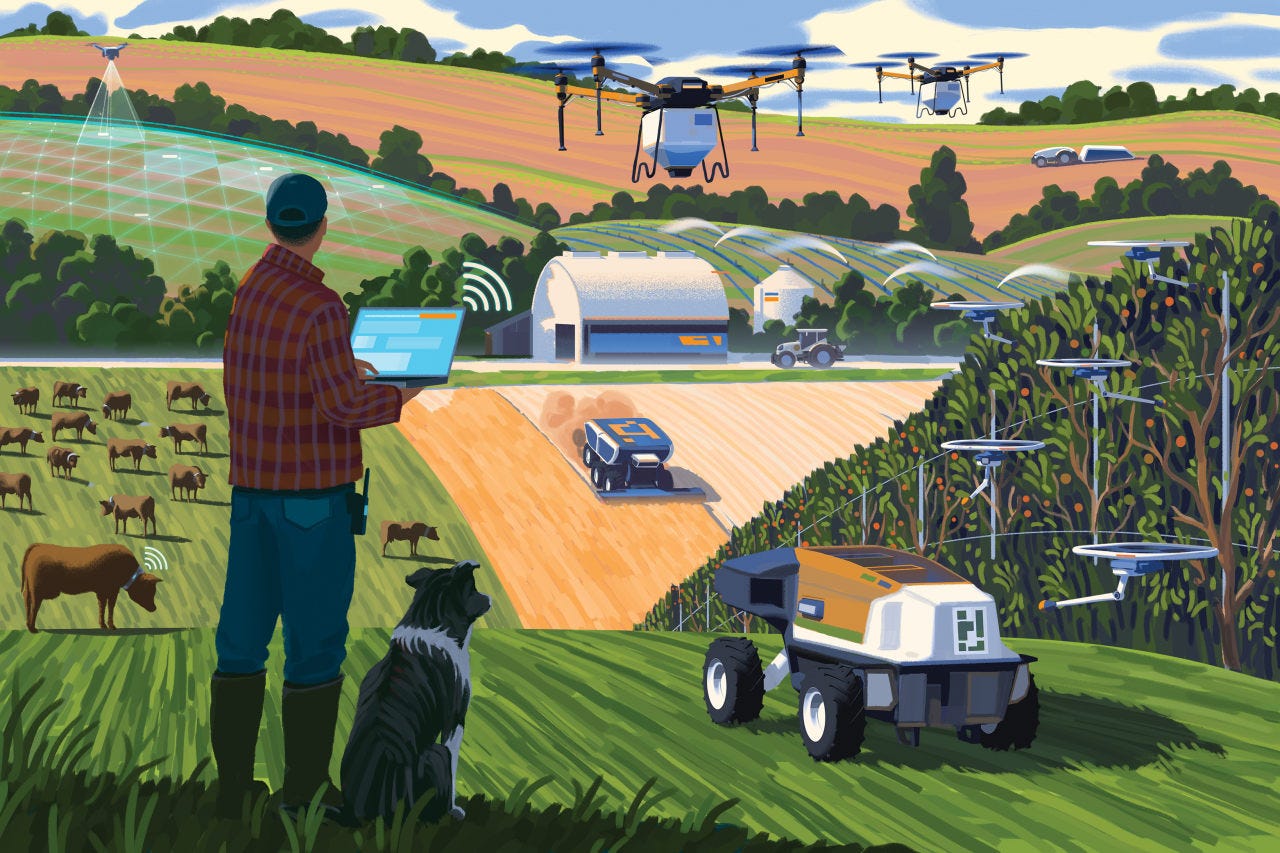 Illustration of a farmer using technology to manage his automated farm. Illustration of a farmer using technology to manage his automated farm.