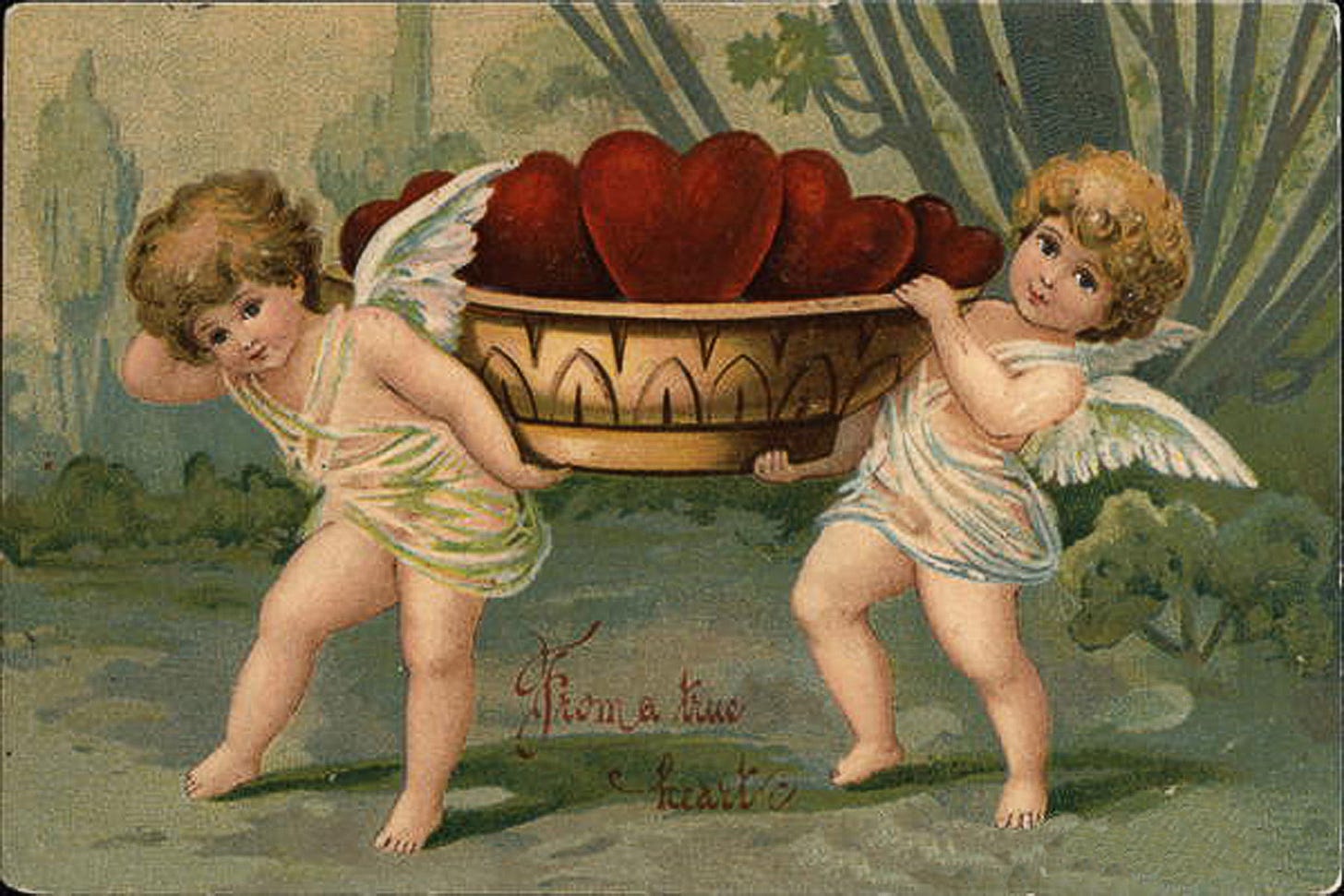 Angels with Bowl of Hearts Valentine's Framed Victorian Postcard Print on Canvas Angels with Bowl of Hearts Valentine's Framed Victorian Postcard Print on Canvas