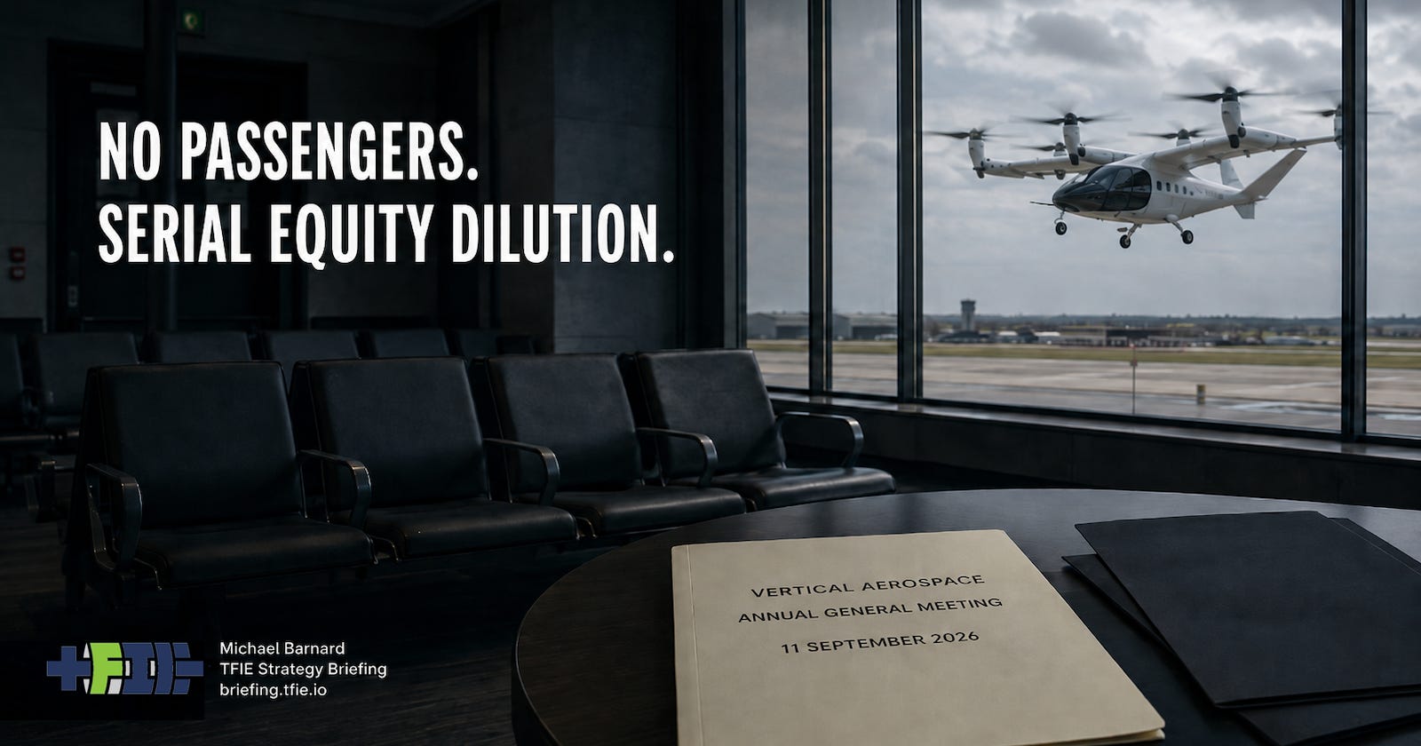 oody airport meeting room with empty passenger seats, an eVTOL flying outside, an AGM folder dated 11 September 2026, and the words “No Passengers. Serial Recapitalization.”