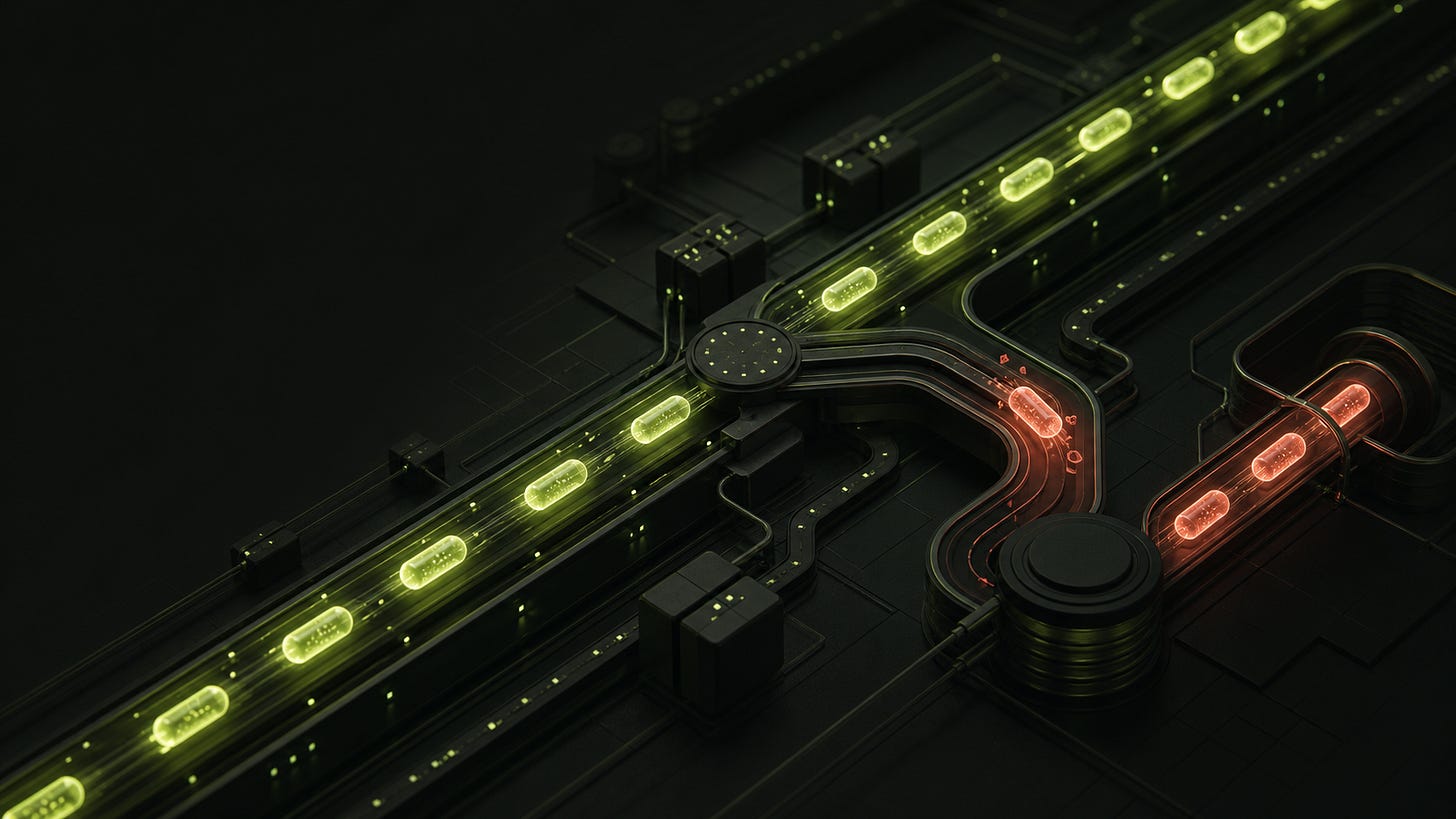 A failed message is diverted from the main message stream into a separate recovery route