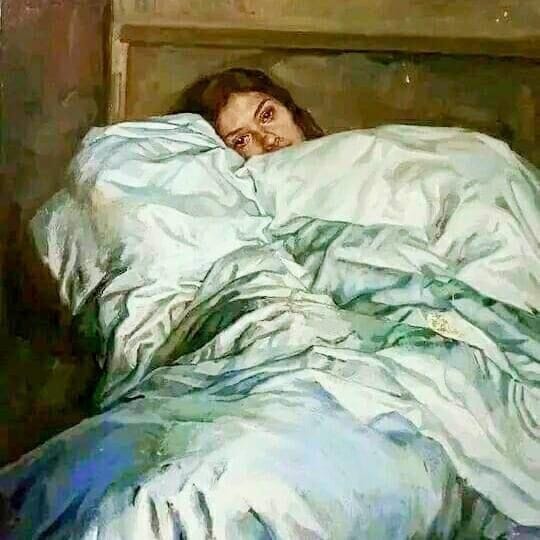 This may contain: a painting of a woman laying in bed with her head under the covers and looking at the camera This may contain: a painting of a woman laying in bed with her head under the covers and looking at the camera