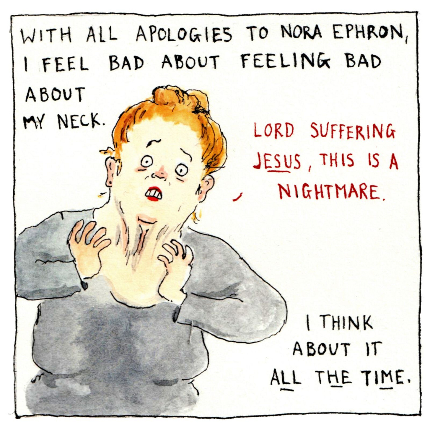 Woman holding her neck.
