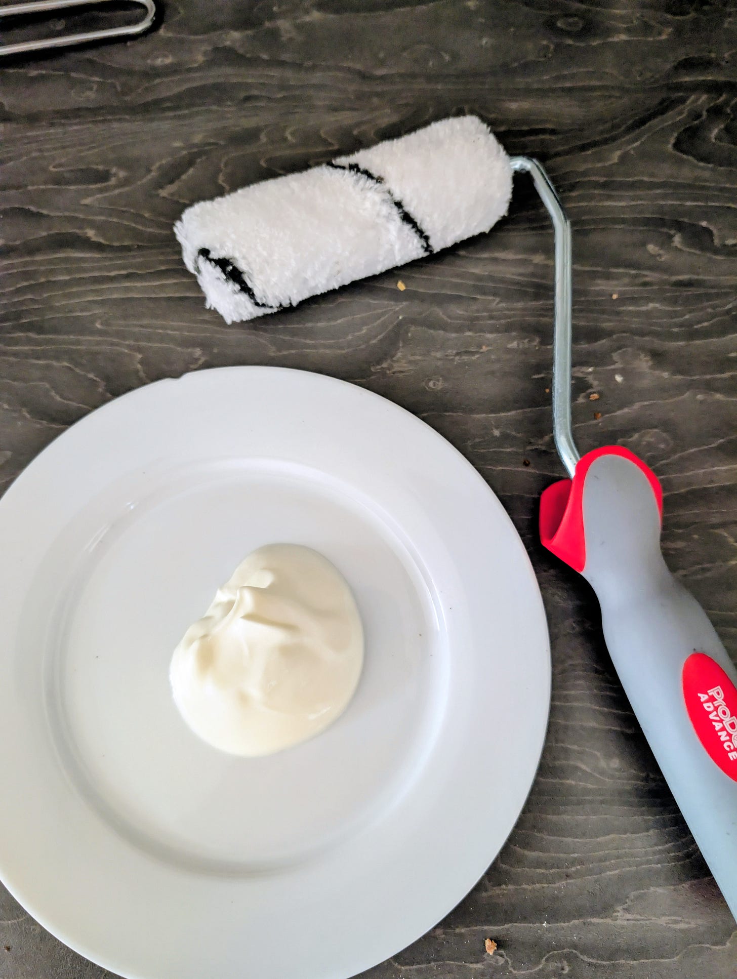 A blob of yogurt on a plate next to a mini paint roller