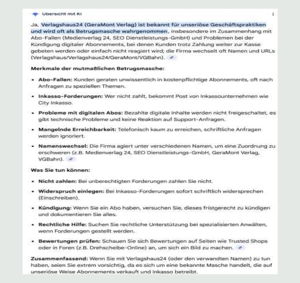 La prueba principal. Captura de pantalla de los resultados de AI Overviews de Google en alemán que afirman falsamente: “Sí, Verlagshaus24 (GeraMont Verlag) es conocida por prácticas comerciales dudosas”, con sus capítulos sobre las características del fraude y sobre qué puedes hacer (“Was Sie tun können”).