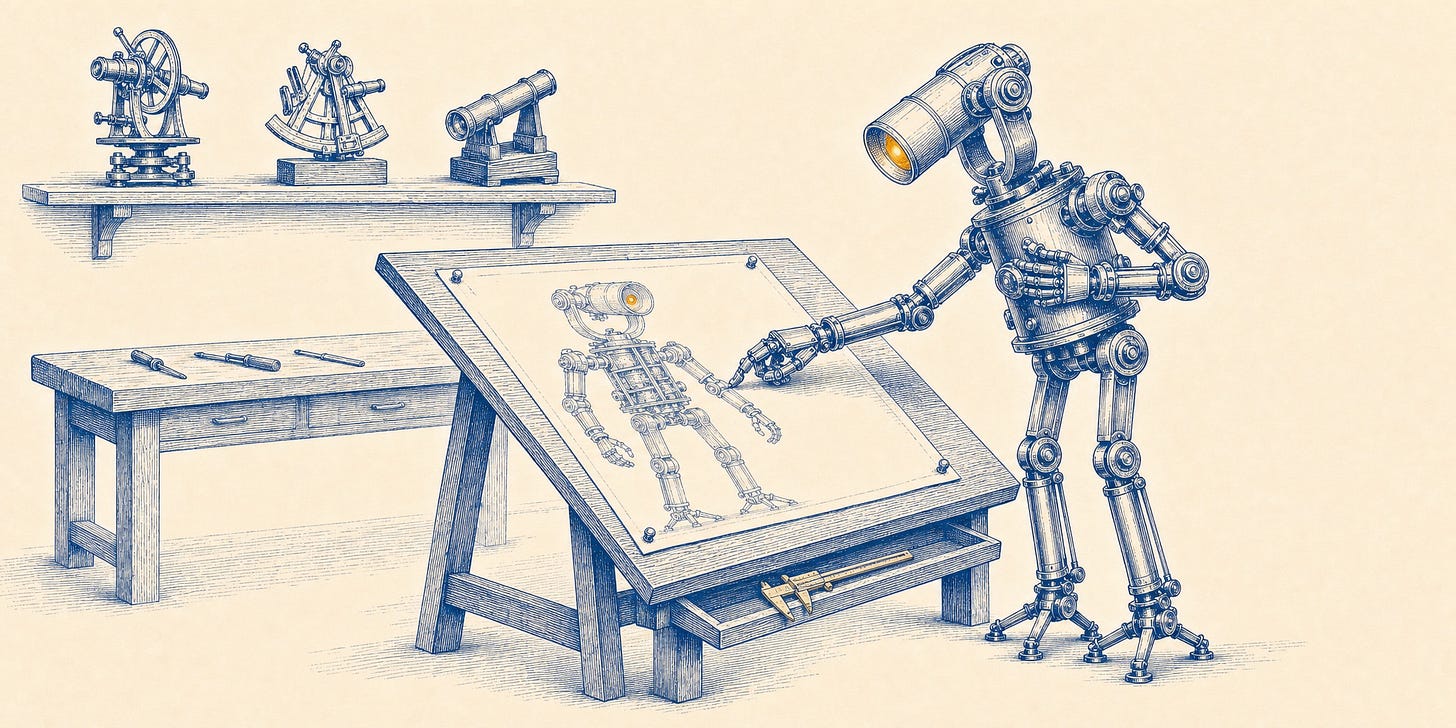 Sparse blue-ink engraving of a brass robot with a telescope-lens head at a tilted drafting table, one fingertip resting on a cutaway engineering diagram of itself, the other hand pressed to its own drum-shaped body; the robot’s lens aperture and its drawn counterpart both glow warm amber, with antique surveying instruments on a shelf behind.
