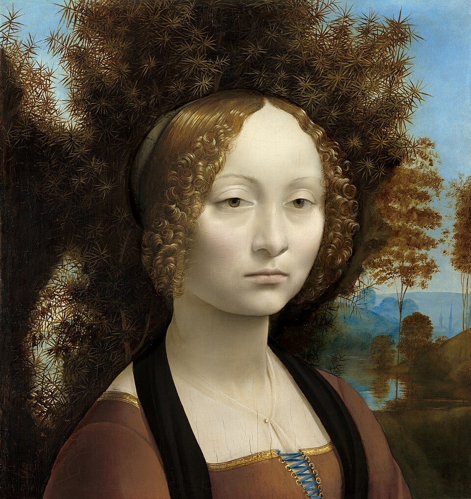 Retrato de la aristócrata Ginebra de Benci pintado por Leonardo da Vinci con un enebro de fondo.