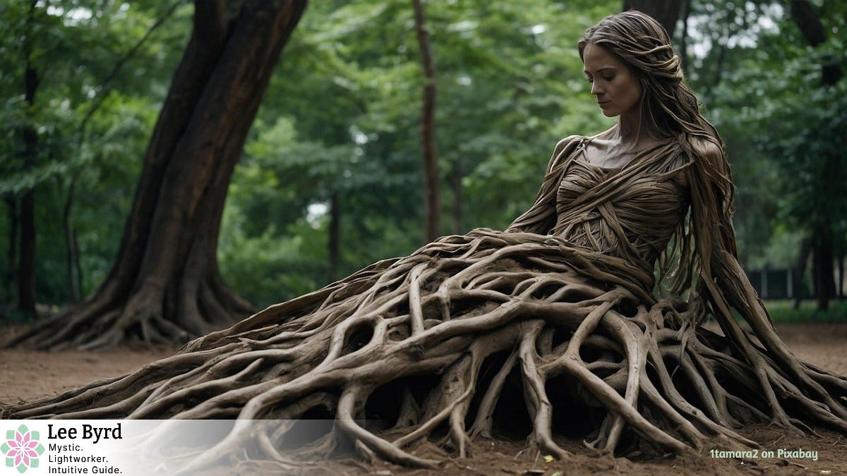 A woman sits quietly in a forest, her dress formed from thick, twisting tree roots that spread across the ground. She looks serene and grounded, as if part of the earth itself. Image created by 1tamara2 on pixabay.