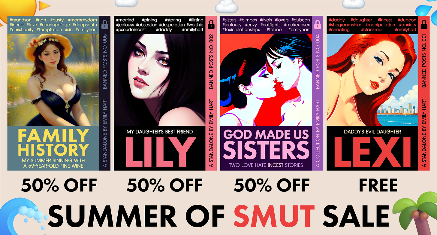 A visual depicting the ebooks "Family History," "Lily," "God Made Us Sisters," and "Lexi," discounted through July