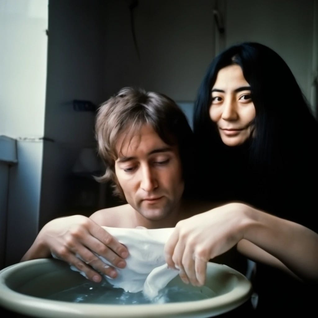 John Lennon washing pair of panties with Yoko ono standing behind him smiling