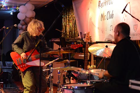 Various images of a music concert with bass, electric guitars and drums and a man and a woman singing