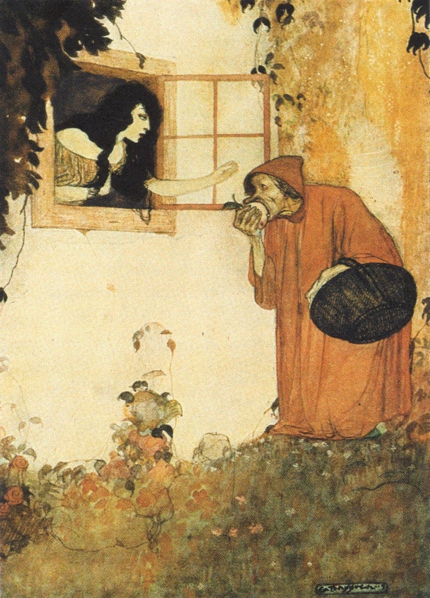The witch tests the apple for Snow White.
