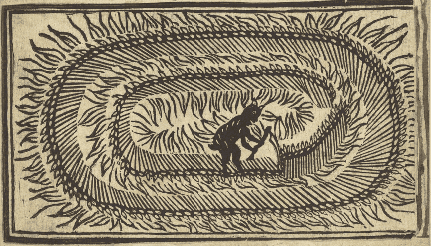 Monochromatic woodblock print of a horned devil mowing a crop circle with a scythe