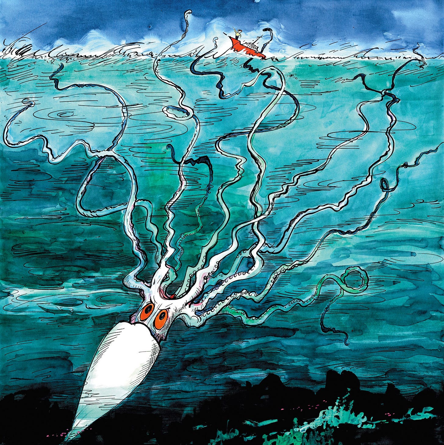 A giant squid under water.