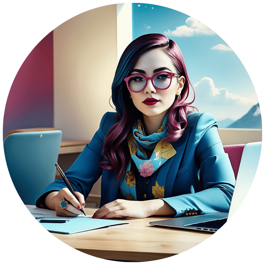 A young woman with vibrant purple-to-blue hair, wearing pink-rimmed glasses, a teal blazer, and a floral scarf, sits at a desk with a laptop and documents in a modern office with a scenic mountain view in the background.