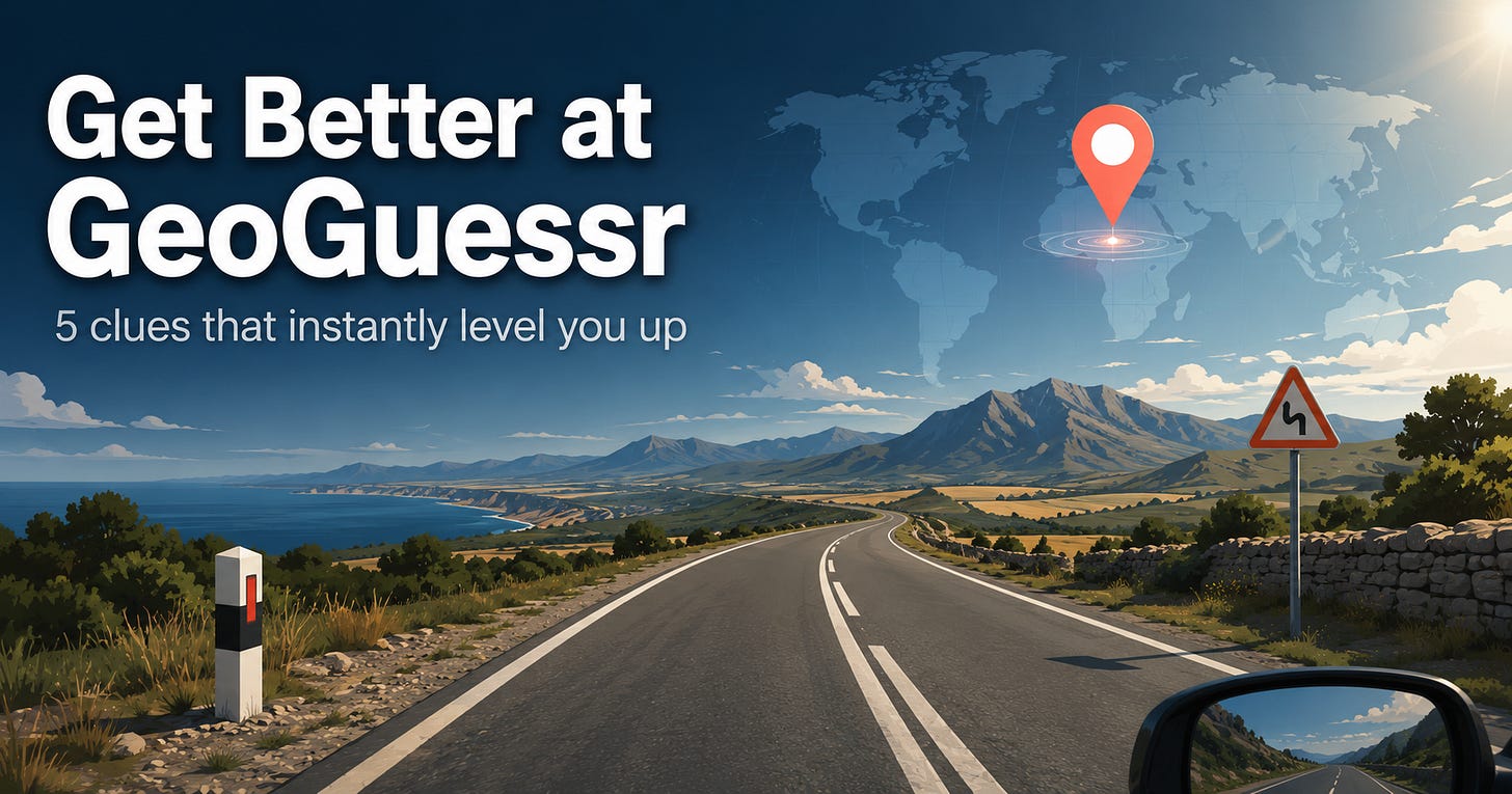 Hero image for a GeoGuessr beginner guide showing a winding road, world map pin, and the text “Get Better at GeoGuessr” with 5 clues that instantly level you up Hero image for a GeoGuessr beginner guide showing a winding road, world map pin, and the text “Get Better at GeoGuessr” with 5 clues that instantly level you up