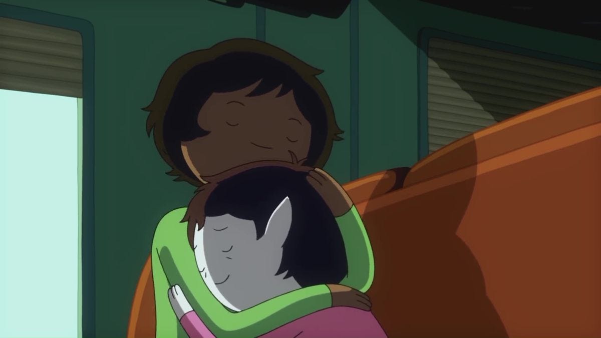 A brown cartoon woman with brown short hair hugging her vampire demon young daughter on a sofa
