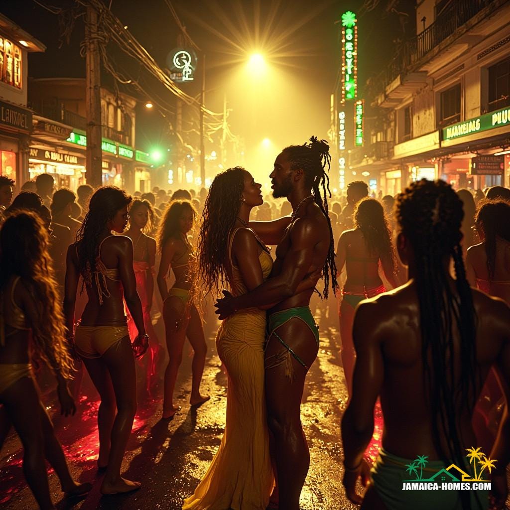 A lively Jamaican street at night, filled with people dancing to a powerful sound system with towering stacks of speakers blasting reggae music.