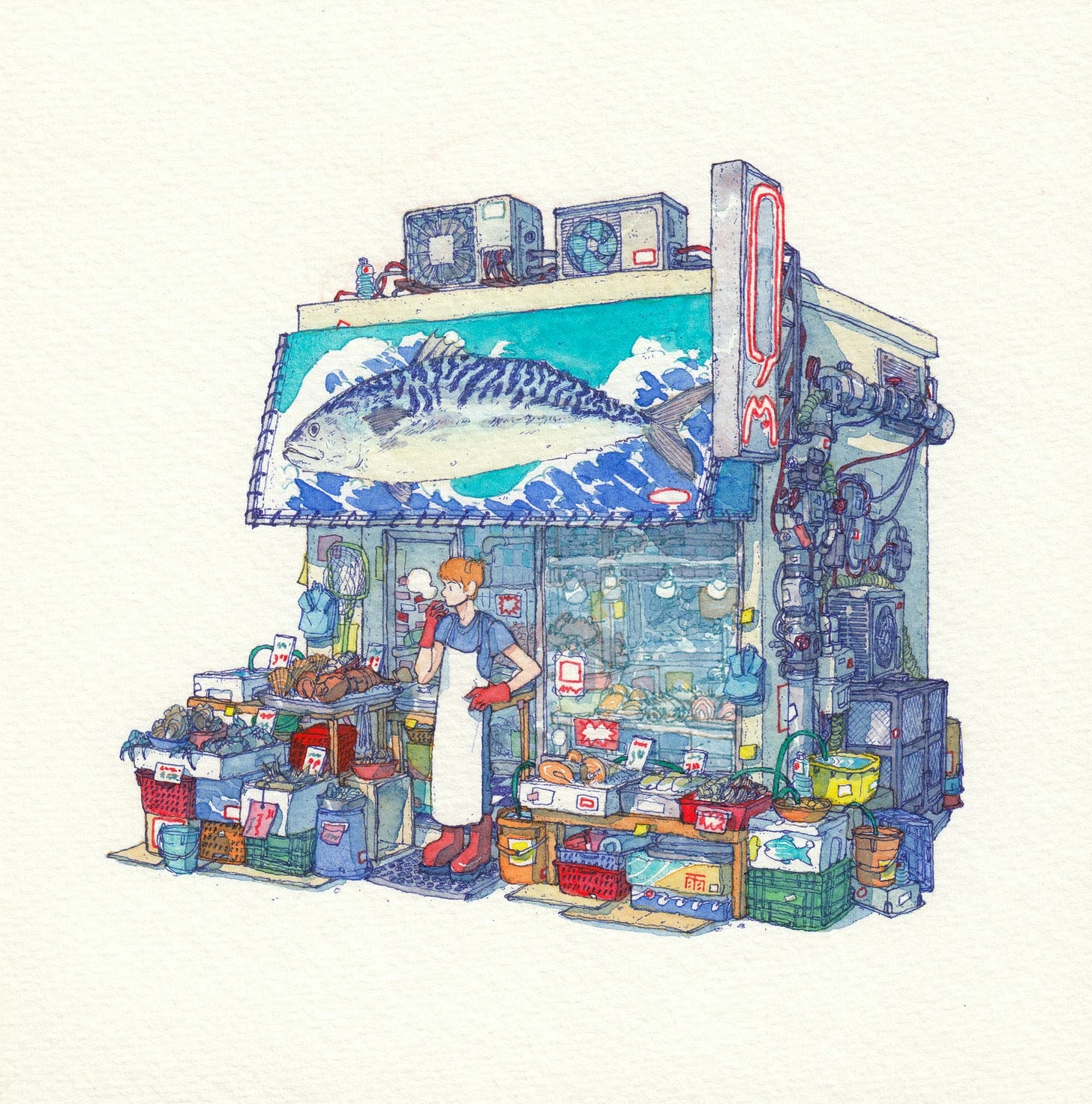 A detailed watercolor and ink illustration of a small fish shop with a shopkeeper standing outside the front door.