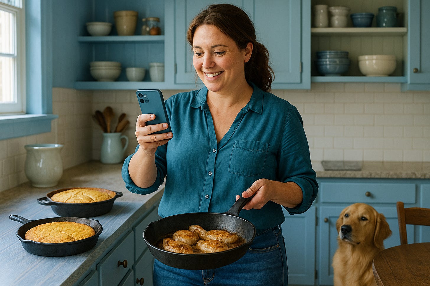 April, a Southern food blogger in her late 30s, smiles while holding a skillet of chicken in one hand and photographing it with her iPhone in a cozy blue-accented kitchen. Cornbread and pound cake sit on the counter, while a golden retriever waits nearby.