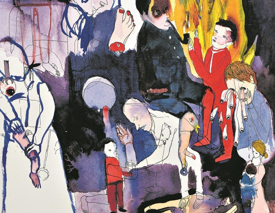 uma mistura bastante psicodélica de traços estilizados, vários desenhos se sobrepõem. a pintura usa bastante cores escuras em contraste com vermelho e amarelo, passando uma sensação bastante opressora. Temos uma criança de cabelo escuro, pele branca e roupa azul. Ele está olhando para baixo e muitos olhos escorrem da sua cabeça. Temos uma mãe abraçando um filho. Um menino acendendo um charuto e, ao fundo, muito foto. Um pé decepado. Um homem brigando com uma criança. Uma pessoa sem rosto segurando uma perna, um olho gigante pendurado pelo pé de uma ave.