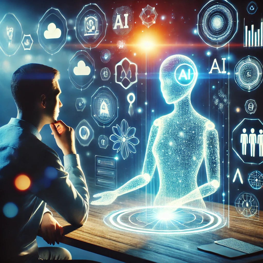 A futuristic and artistic depiction of an artificial intelligence assistant, resembling a glowing, holographic figure, helping a person make thoughtful decisions. The person is seated at a modern desk with a digital interface, contemplating options, while the AI figure hovers nearby, projecting ideas and suggestions as glowing symbols and graphs. The scene is illuminated with soft blue and white lights, creating a sense of advanced technology and clarity. The atmosphere feels positive and inspiring, emphasizing the collaboration between human and AI for better decision-making.