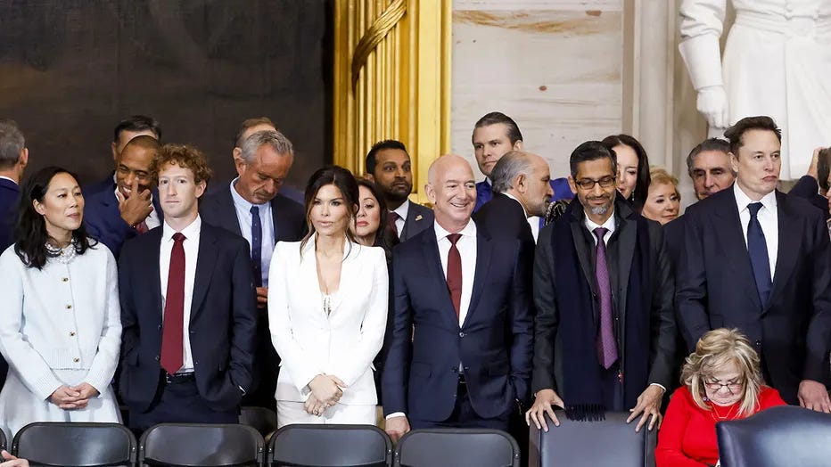 Photograph from the 2025 US inauguration of Donald Trump. The image features Mark Zuckerberg, Jeff Bezos, and Elon Musk among other cabinet nominees