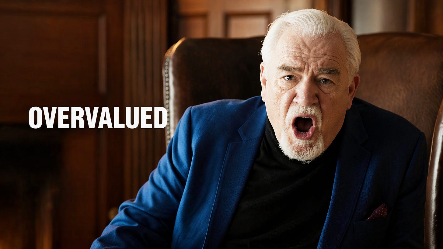 A dramatic close-up of a businessman looking skeptical with the word "OVERVALUED" overlaid on the image.