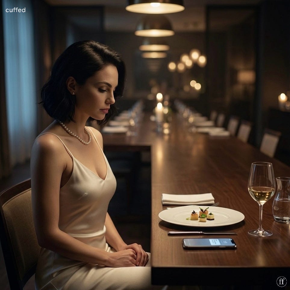 a woman in a cream silk dress and pearl necklace sits alone at a long candlelit dining table. a plate with three small bites sits in front of her. her hands are folded. a phone rests face-up on the table. the chairs beside her are empty. cinematic chiaroscuro lighting. cuffed "ff" logo bottom-right. breadcrumbing, emotional unavailability, female loneliness, relationship patterns.
