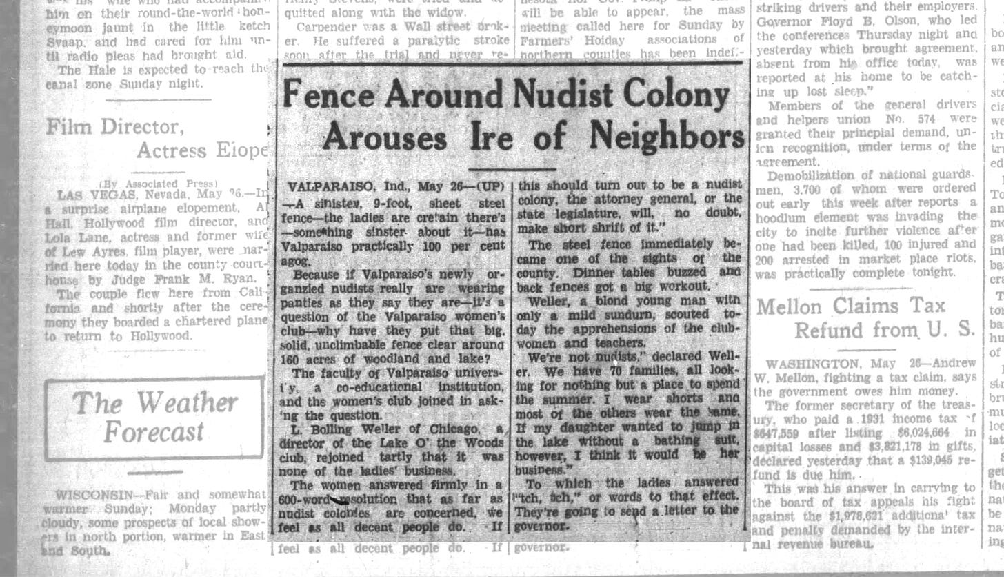 "Fence Around Nudist Colony Arouses Ire of Neighbors". Leader-Telegram (Eau Claire, Wisconsin). 27 May 1934, Sun. Page 1