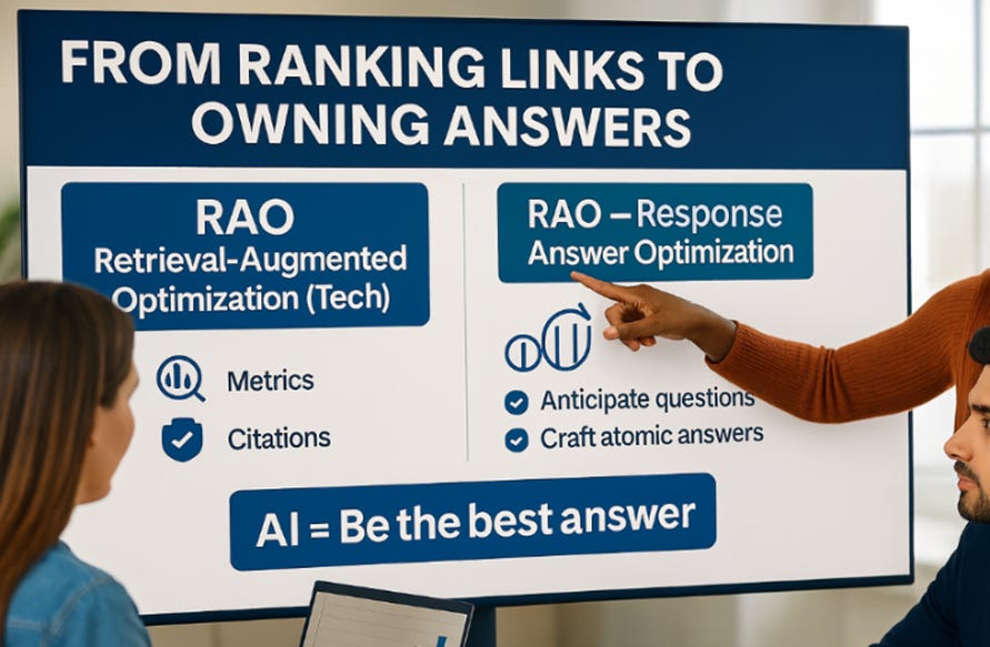 Business presentation slide showing RAO divided into two parts: Retrieval-Augmented Optimization (Tech) with metrics and citations, and Response Answer Optimization with anticipating questions and crafting atomic answers. A presenter points at the screen with the headline ‘From Ranking Links to Owning Answers. Business presentation slide showing RAO divided into two parts: Retrieval-Augmented Optimization (Tech) with metrics and citations, and Response Answer Optimization with anticipating questions and crafting atomic answers. A presenter points at the screen with the headline ‘From Ranking Links to Owning Answers.
