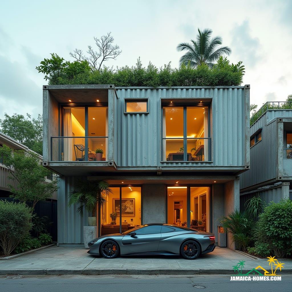 A creative Jamaican townhouse in Kingston made from stacked shipping containers and concrete blocks, bold geometric forms, large square windows, and flat roof with rooftop spa. Industrial chic detailing, rooftop garden.