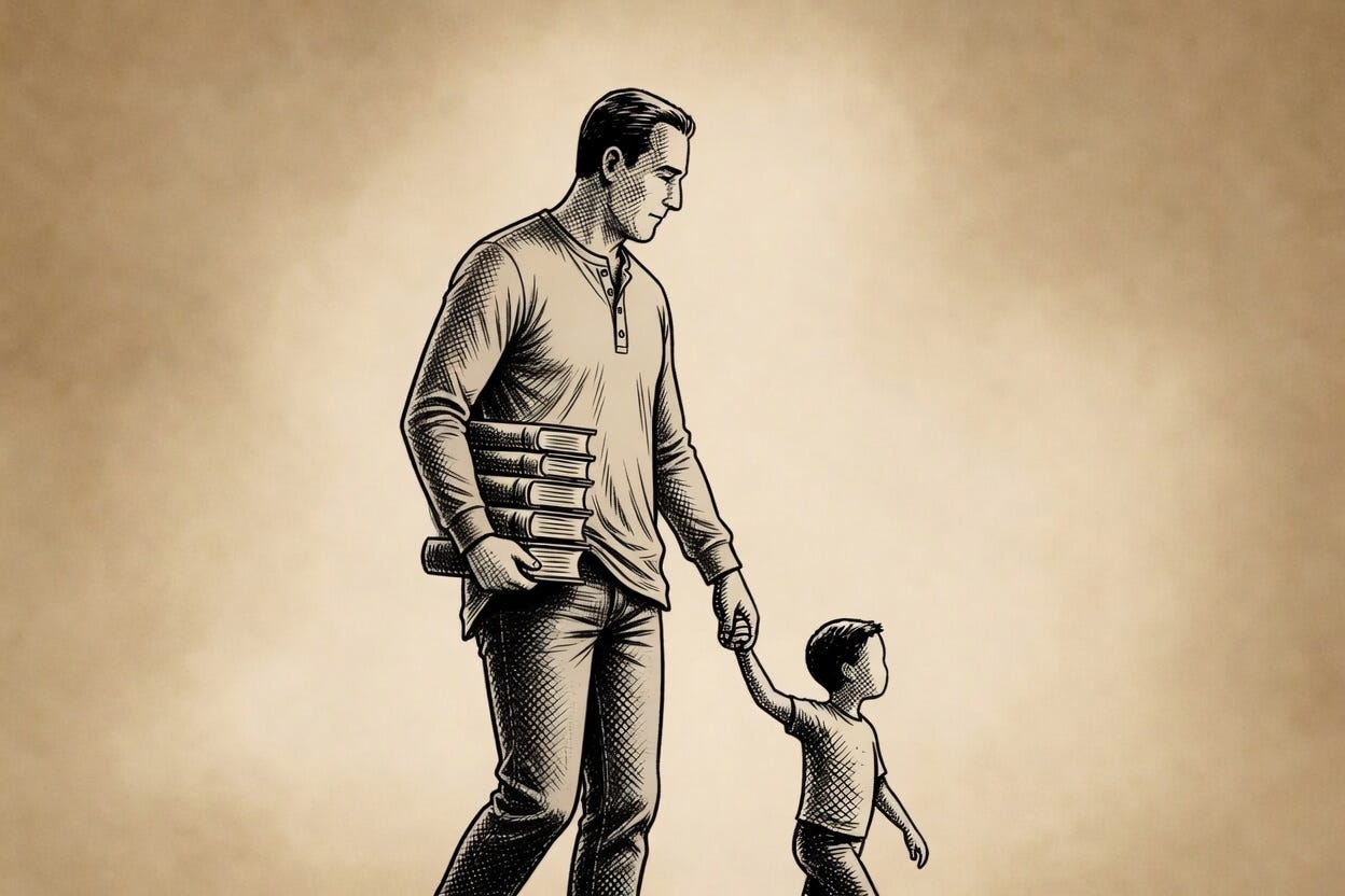 Father walking with child carrying books – symbolizing tenth-book energy in parenting and creativity