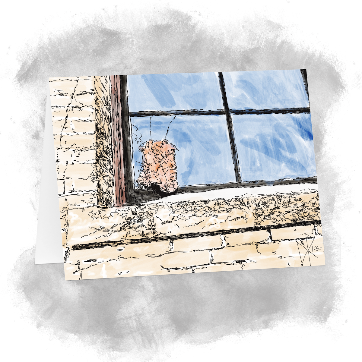 A wee bit of snow builds up by a broken window with pink insulation stuffed into the broken pane. Sketch art by Don Rice. A wee bit of snow builds up by a broken window with pink insulation stuffed into the broken pane. Sketch art by Don Rice.
