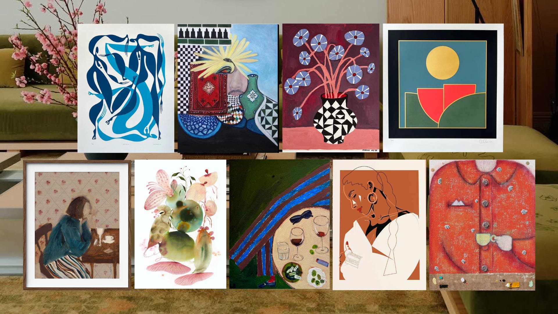 Collage of colorful art prints styled above a console, featuring works by emerging artists