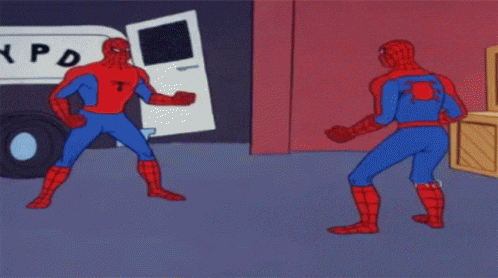 Animated GIF of two spidermans pointing at each other