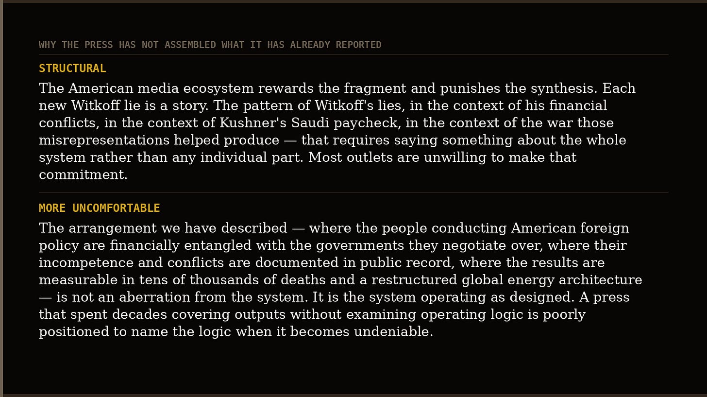 Why the press has not assembled what it has already reported: structural (fragment vs synthesis) and more uncomfortable (the system operating as designed)