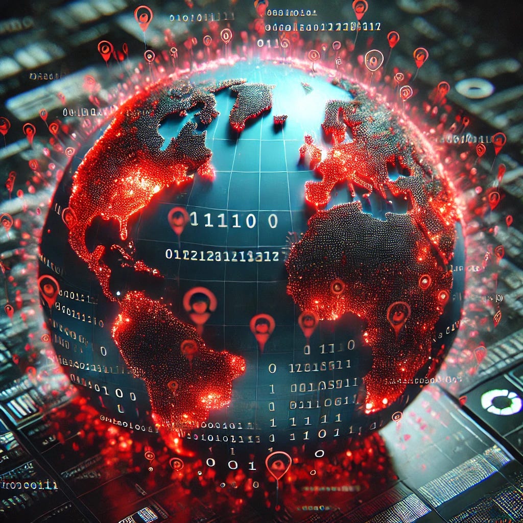 A highly detailed image of a digital globe with glowing red data points, representing the worldwide impact of the MOVEit breach. The globe is surrounded by binary code and faint icons of breached companies.