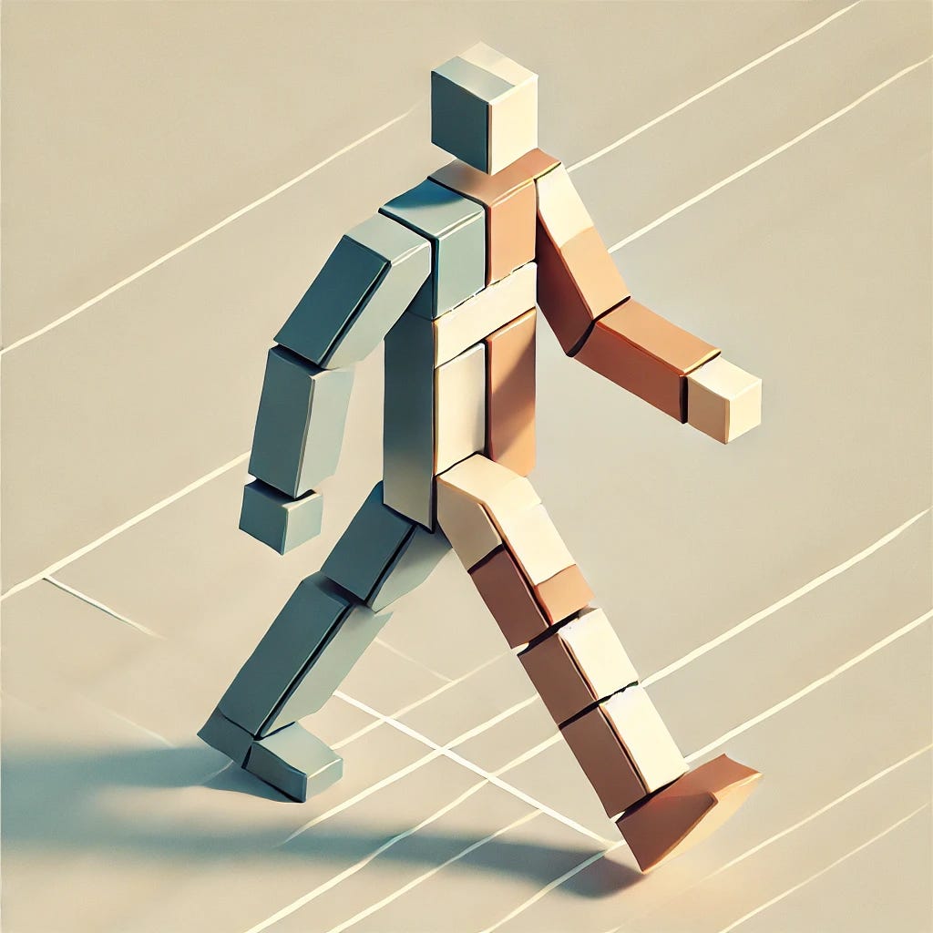 A 3D isometric minimalist cubist-style illustration of a single figure walking in two different directions simultaneously. The figure is abstract and geometric, with clear, angular shapes forming the body, legs, and arms. One side of the figure steps to the left, while the other steps to the right, symbolizing duality or indecision. The background is clean and neutral, emphasizing the sharp lines and simplicity of the design. The overall color palette includes muted tones with bold accents to highlight the cubist aesthetic. The style is modern, clear, and visually striking.