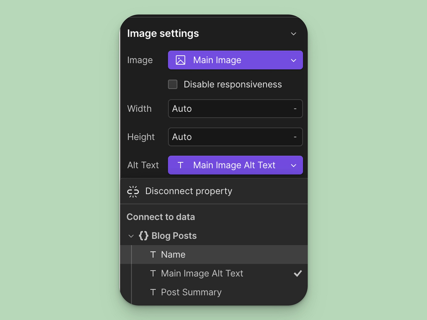 Connecting a custom field called Main Image Alt Text to the Alt Text field in Image settings. Connecting a custom field called Main Image Alt Text to the Alt Text field in Image settings.