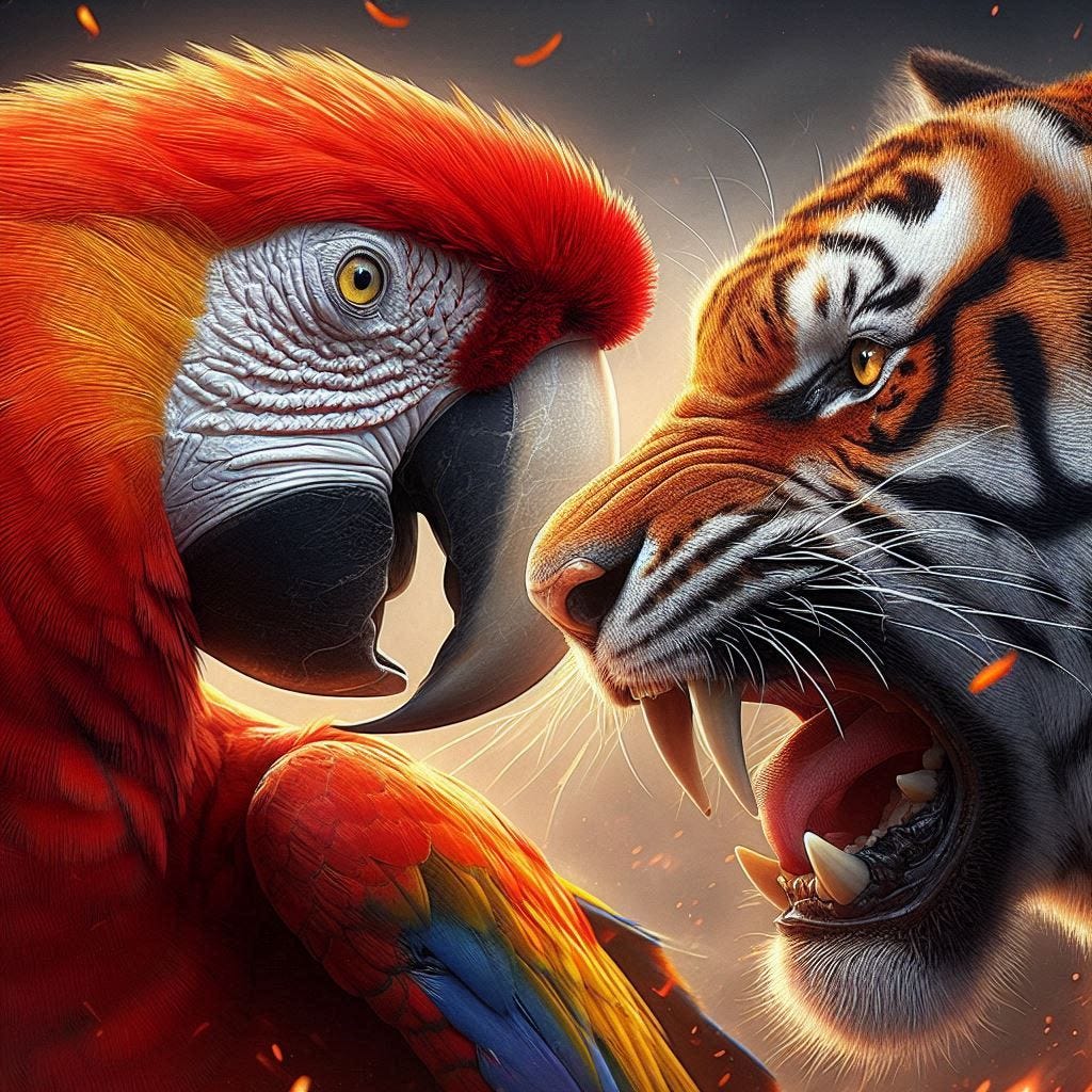 a scarlet macaw and a bengal tiger arguing over which one of them is more beautiful photorealistic