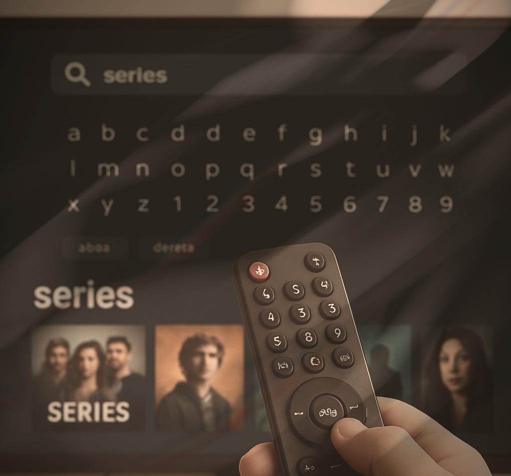 Hand holds a remote, searching for "series" on a TV screen. Letters and numbers appear above a row of show thumbnails. 