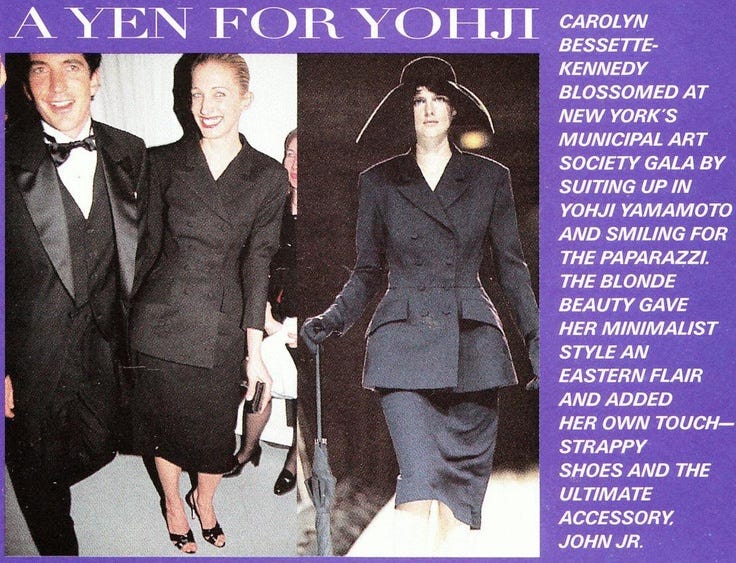 Carolyn Bessette Kennedy in Yohji Yamamoto, c. 1997 [my scan].