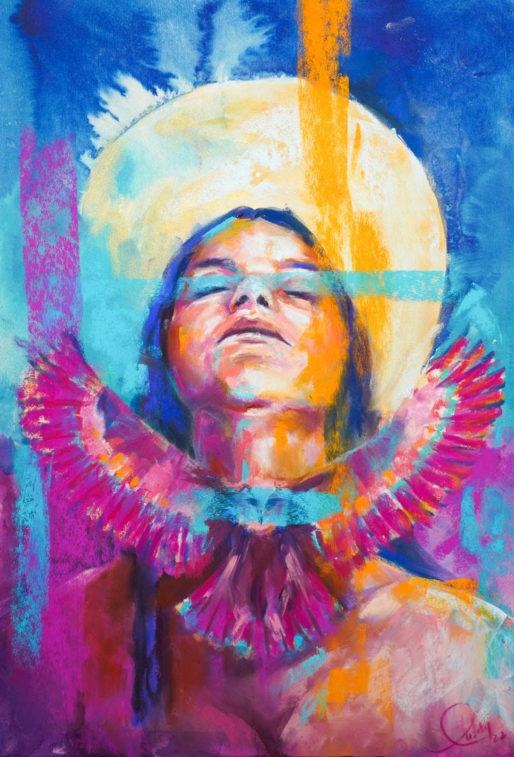 This may contain: a painting of a man wearing a white hat and colorful feathers on his head, with blue sky in the background